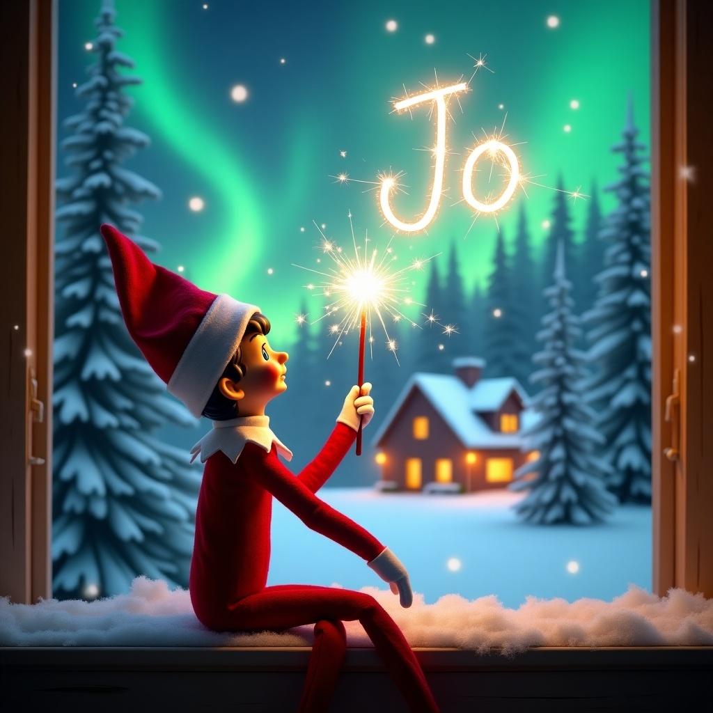 The image features an adorable elf on the shelf sitting on a window ledge, with his back turned to the viewer. He is using a magical wand to create twinkling sparks while looking up at a stunning display of northern lights. The background is set in a winter wonderland, filled with snow-covered pine trees, conjuring a festive holiday feel. Dressed in a vibrant red outfit with white trim, the elf embodies the Christmas spirit. The scene is illuminated by the enchanting colors of the aurora borealis, enhancing the magical ambiance. The name 'Jo' is written in the air using the wand, creating a sense of holiday cheer.