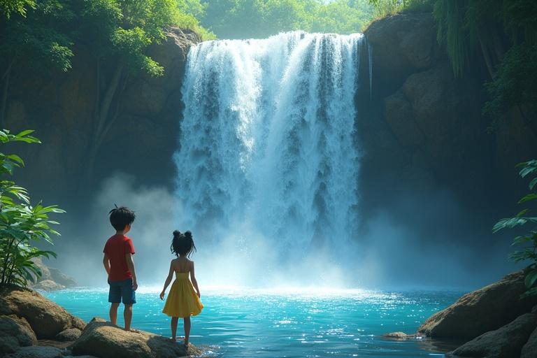 A mesmerizing scene of a sparkling waterfall cascading into a pool. Water shimmering like liquid silver. Two children near the pool, one in a red shirt, the other splashing playfully in a yellow dress. Magical forest surrounds them. Ultra-realistic water effects and consistent character designs.