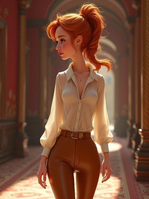 Detailed illustration of a ginger thief in a transparent blouse and tan leather trousers walking through a mansion corridor. Interior is red and tan with a fairytale vibe. The character has a messy ponytail and freckles. The lighting is warm and soft, highlighting the character's features.