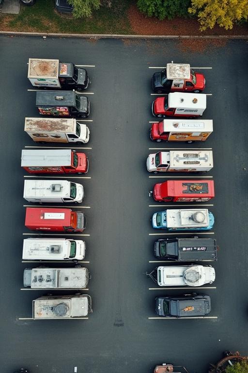 Aerial view of a trapezium parking lot for forty four food trucks parked neatly in defined spots.