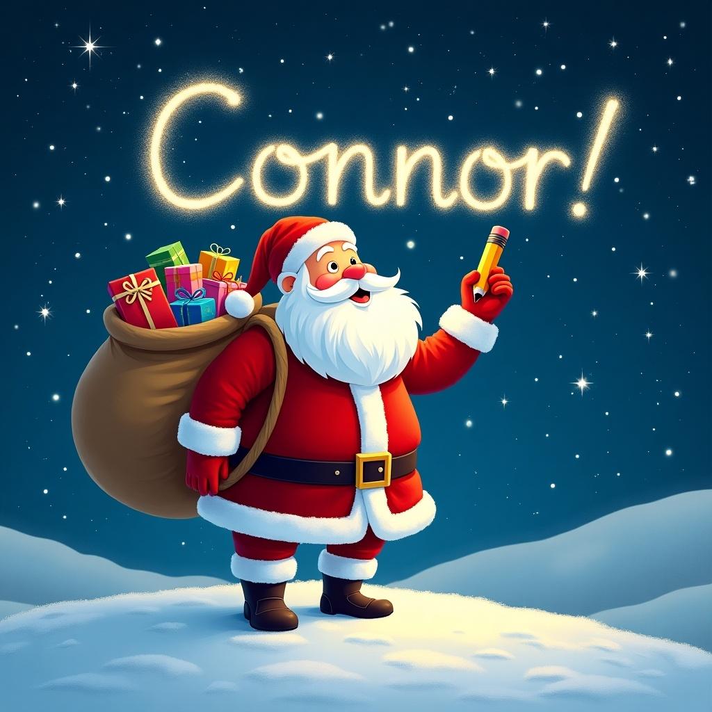 Santa Claus stands on a snowy hill under a starry sky. He holds a pencil and writes names in the sky. Large sack of gifts on his back. The night is bright with twinkling stars. The name 'Connnor!' is displayed in a whimsical font.