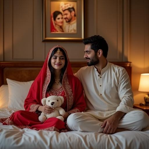 Wealthy Pakistani couple in luxurious bedroom. The room features elegant furniture and warm lighting. The wife sits sadly on the bed holding a teddy bear, wearing a simple shalwar kameez and dupatta. The husband offers comfort, dressed in a traditional shalwar kameez. A wedding photo on the wall shows their joyful past. The bride's ornate red dress contrasts with her sad expression. The atmosphere is emotional, reflecting their struggle with infertility.