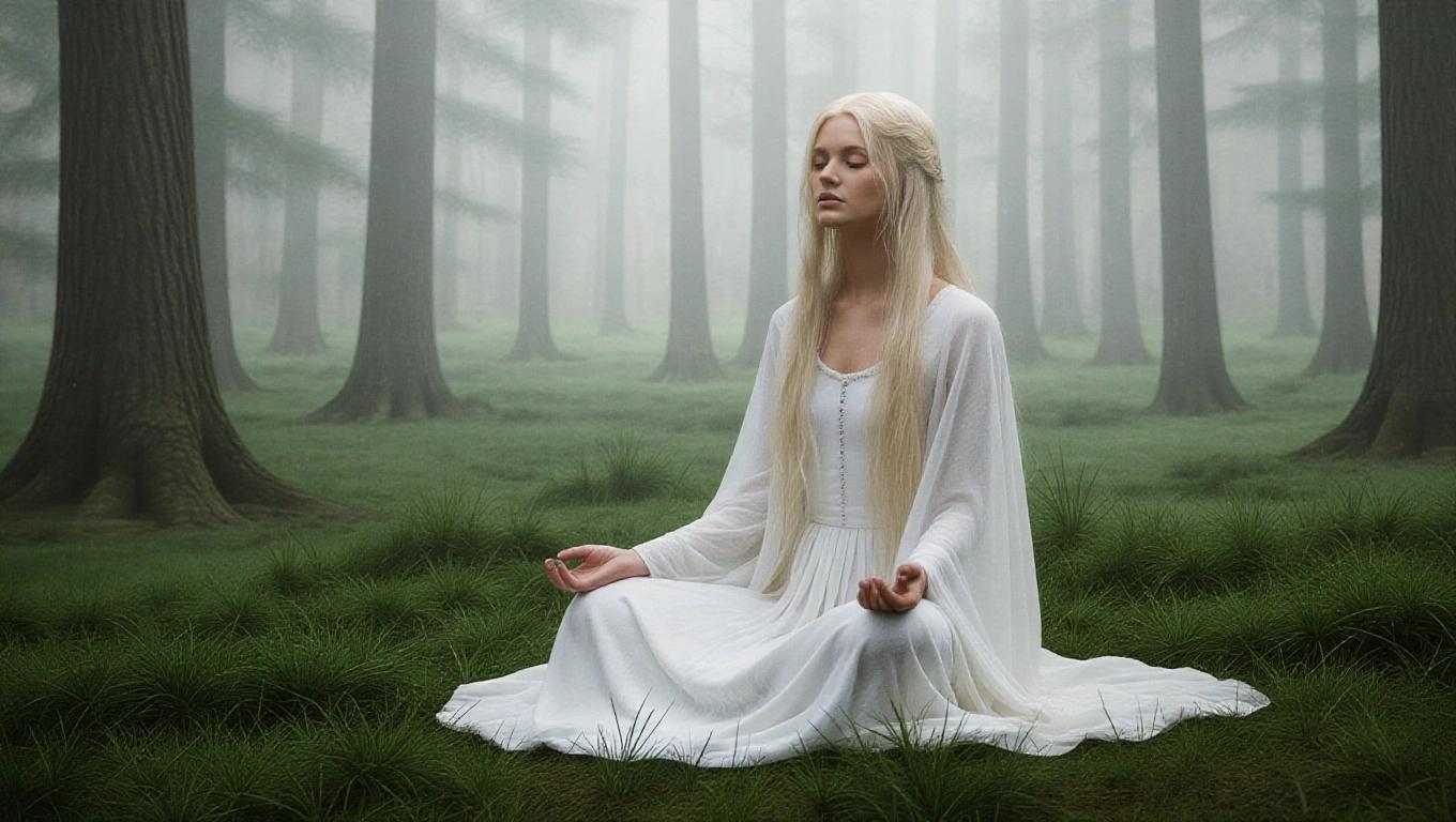A gorgeous woman sits quietly in a misty forest. She has long blonde hair and is wearing an ethereal white gown. The scene conveys tranquility and captures the essence of meditation.