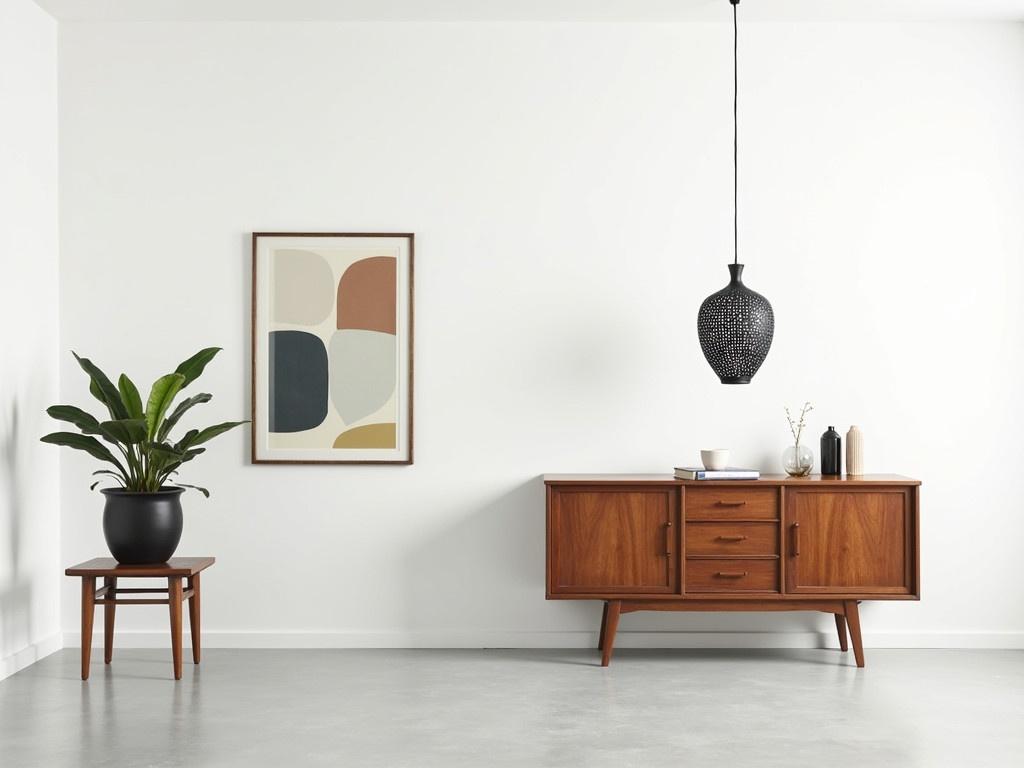 A spacious retro-styled living room with a clean and minimalistic design. There is a stylish, vintage wooden cabinet on the right with a few decorative items on top. A hanging, ornate black pendant lamp dangles from the ceiling, adding a touch of character. On the left, a small wooden table holds a black pot with a large green plant and a cup. The walls are painted white, adorned with a modern art piece showcasing geometric shapes in muted colors. The flooring is light gray, contributing to the overall airy vibe of the space.