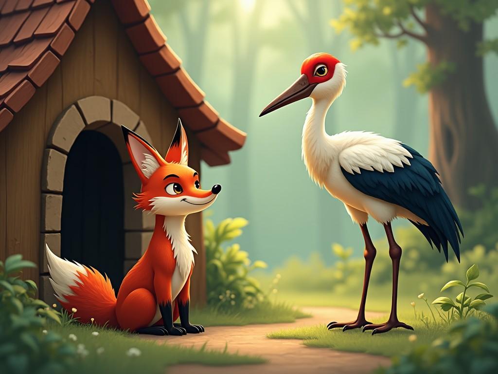 In a magical woodland setting, a sly fox with a mischievous grin stands in front of a cozy wooden home. The fox is inviting a tall, elegant stork to dinner, showcasing its playful charm. The stork, depicted with a curious expression, is slightly unsure but intrigued by the fox's invitation. The background is lush with trees and warm sunlight filtering through, adding a whimsical atmosphere. The scene captures the contrast between the small fox and the graceful stork, bringing a delightful narrative to life.