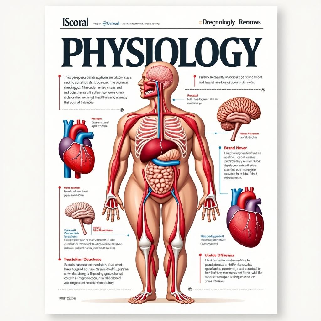 Cover page depicting human physiology highlighting anatomy and body systems with labels and descriptions. Colorful and informative illustration suitable for educational purposes.