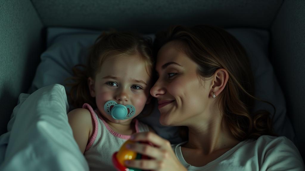 A mother and her tween daughter are inside a closed casket. They share an emotional bond as the daughter holds an oversized pacifier. The mother tries to cheer her up with a colorful rattle. They are spending their last day together in a tense and surreal setting. The lighting creates a dramatic atmosphere around them.