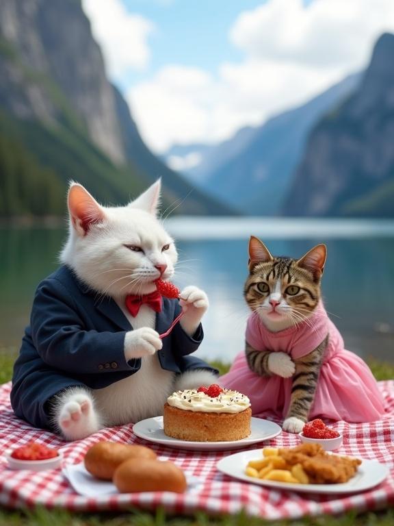 Fat white cat dressed in a suit and thin calico cat in a pink dress sit on picnic blanket. Cats eat birthday cake. Various food items are on blanket. Background features lake and stunning mountain view.