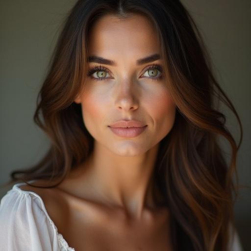 A beautiful woman gazes steadily at the camera. She has long hair and captivating green eyes. Soft natural light illuminates her face.