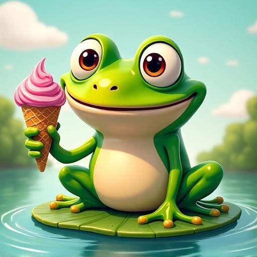 Cartoonish caricature of a frog with exaggerated features. Frog has big bulging eyes and a wide goofy smile. Sitting on a lily pad while holding an ice cream cone. Bright colorful background creates a whimsical atmosphere.