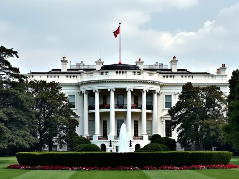 An impressive image of the White House with a flag visible above. The scene showcases the fountain and manicured gardens in front of the building.