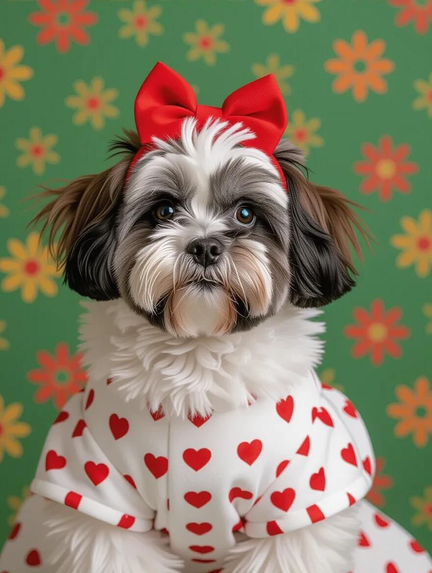 Realistic image of a black and white Shih Tzu in a strawberry-themed outfit. Dog wears a matching hat showing only the face. Background features a blend of green and orange with soft cinematic lighting.