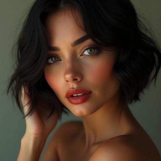 Artistic portrait of a woman with silky wavy black hair and vibrant red lips. Her green eyes are striking. Caucasian skin is smooth and luminous. Elegant pose emphasizes classic beauty. Soft, delicate lighting enhances textures with subtle light and shadow play. Minimalist or subtly textured background avoids distraction. Fine art photography style, ultra-detailed, high-quality photorealistic rendering, digital masterpiece.