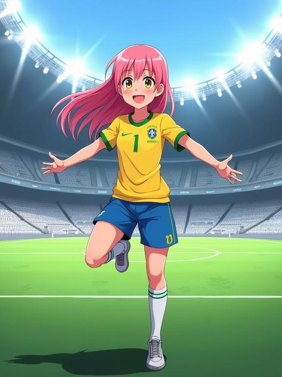 Digital anime illustration depicting a young female character with pink hair. She wears a Brazilian national team soccer jersey in yellow with green trim and blue shorts. The character is in a dynamic pose with one leg raised, arms outstretched in a soccer stadium. The background features grey seats, green grass pitch, and bright stadium lighting. Artwork showcases cel-shaded rendering and detailed backgrounds.
