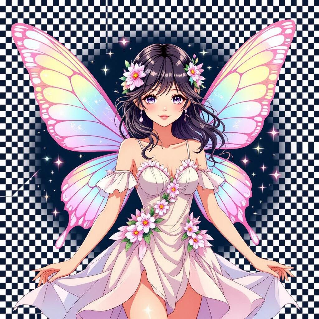 A realistic anime-style fairy floats gently wearing a soft silk dress with floral accents. The fairy has pastel butterfly wings and glowing sparkles surround her. The background is white or transparent emphasizing the fairy's features. The art is highly detailed and has no black or dark tones.