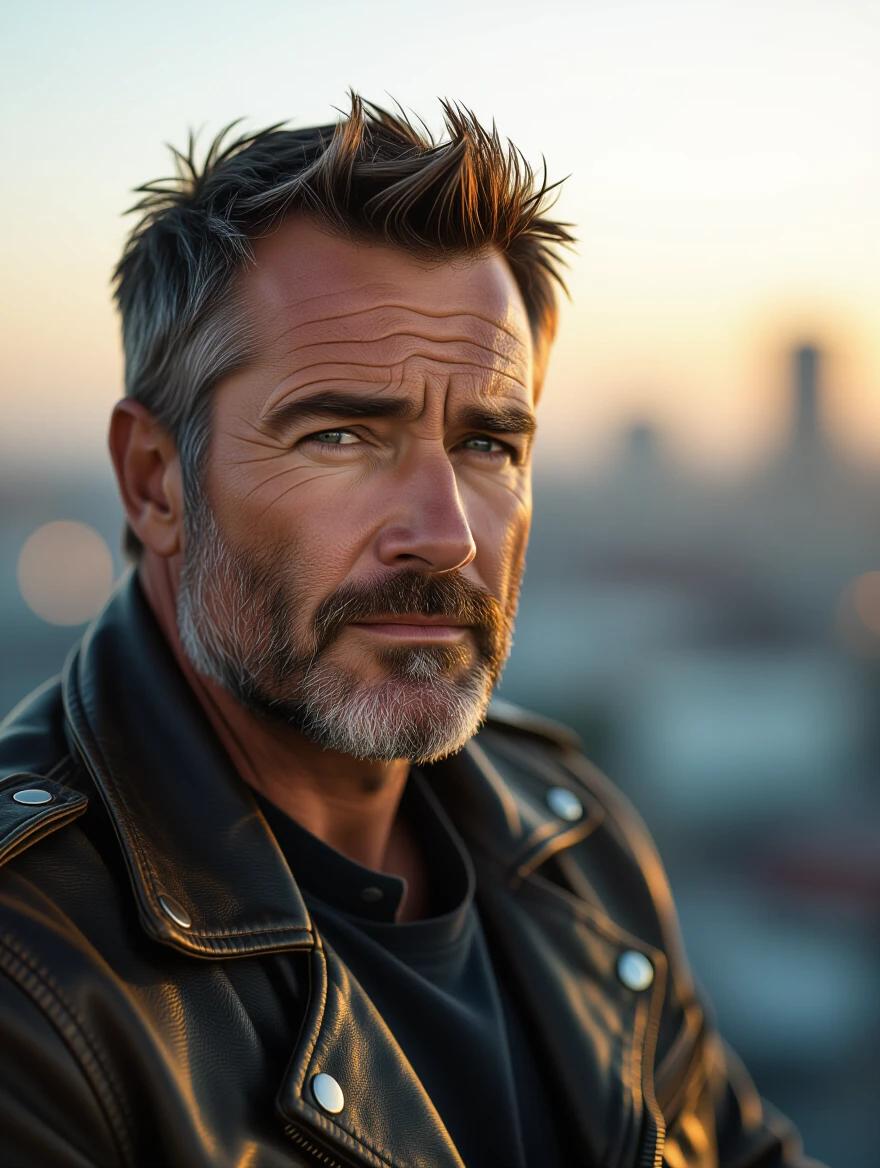 Portrait of middle-aged man with rugged features wearing a weathered leather jacket. Man looks slightly to the side with a contemplative expression. Soft golden hour lighting enhances the scene. Background features a blurred cityscape. The image shows hyperdetailed skin textures with natural imperfections. Shot with a high-resolution lens to capture photorealistic clarity.