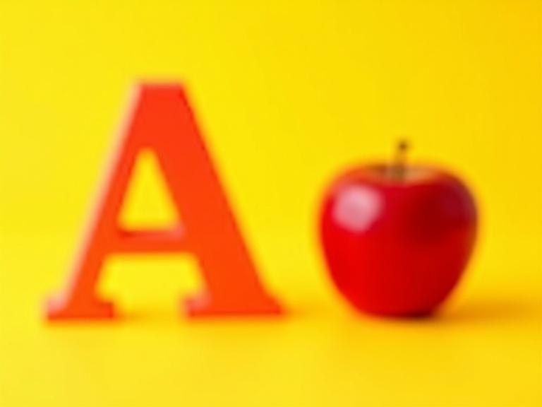 Capital letter A in bright red color. Small letter a pulsates nearby. Shiny red apple sits next to them. Background is bright yellow. Creative and inviting image for educational themes.