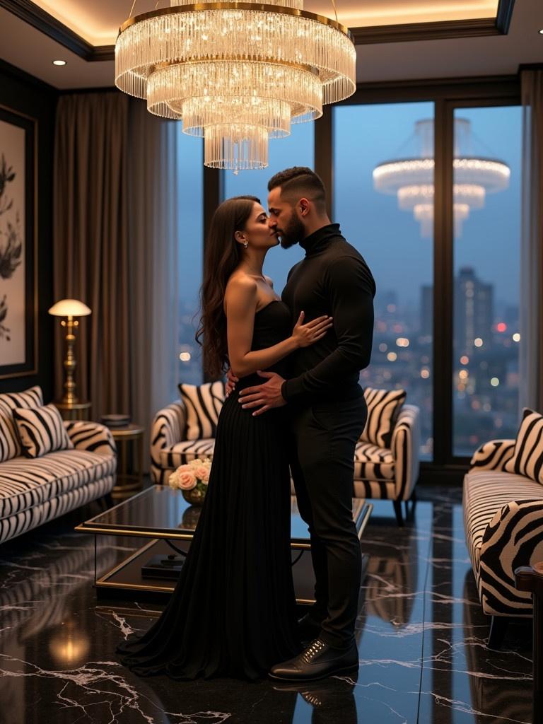 Image of a luxurious living room with a couple in love. The woman wears an elegant black dress. The man is in a fitted cowl neck sweater. The room has Art Deco style with zebra furniture. A large chandelier provides warm light. The floor is glossy black marble. City lights are visible through the windows. The atmosphere is romantic and luxurious.