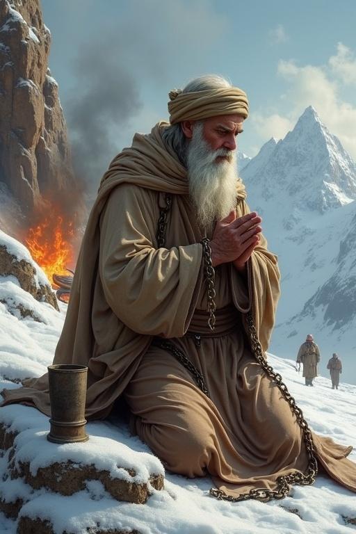 Saint Jacob kneels in prayer showing humility and strength. Wears monastic clothes and an iron chain around his neck. Traditional scarf covers head, white beard symbolizes wisdom. A rock with an old cup beside him. Behind, a serpent cut in half and fire symbolize victory over evil. Harsh snowy mountain setting. Distant villagers admire him.