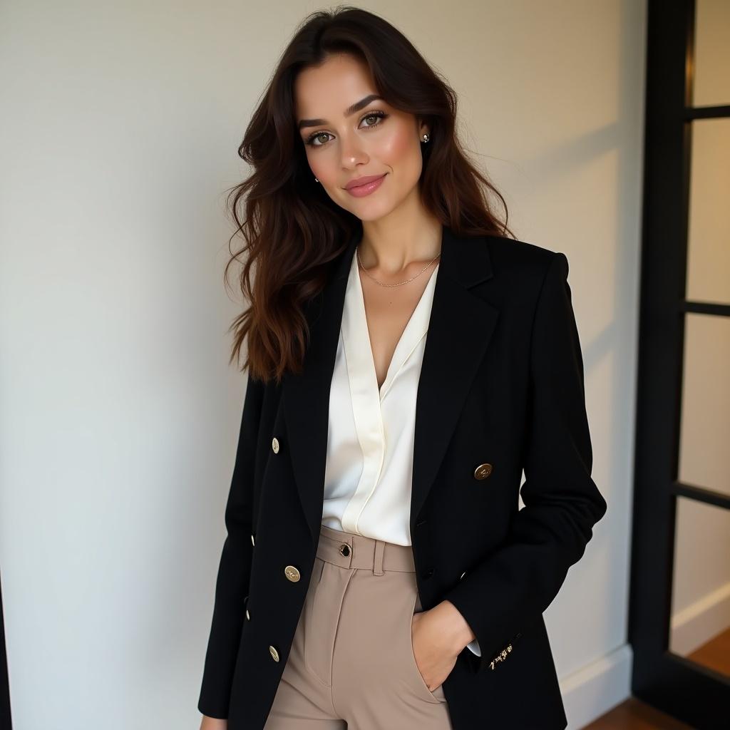 A young Instagram influencer poses indoors in a stylish black blazer and white silk blouse with beige trousers. She holds a designer clutch and has long dark brown curls. The backdrop is minimalist. Soft lighting enhances her charm and confidence.