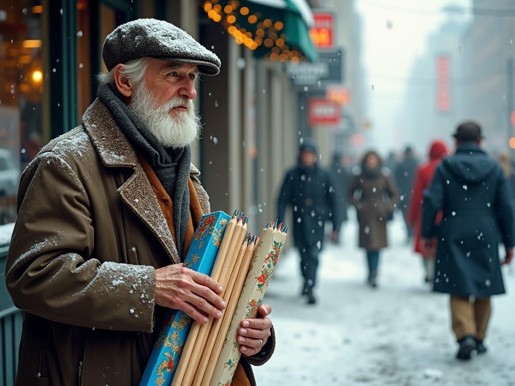 A frail, elderly man stands on a busy street corner in 1950s America. He shivers in the cold, selling pencils and beautifully wrapped Christmas paper adorned with holiday designs. Snow falls heavily, blanketing the sidewalk, while people rush past him, carrying their own gifts and ignoring his presence. The buildings around him are adorned with Christmas decorations, illuminating the winter scene. The atmosphere is festive yet melancholic, highlighting the contrast between the holiday cheer and the old man's solitude.