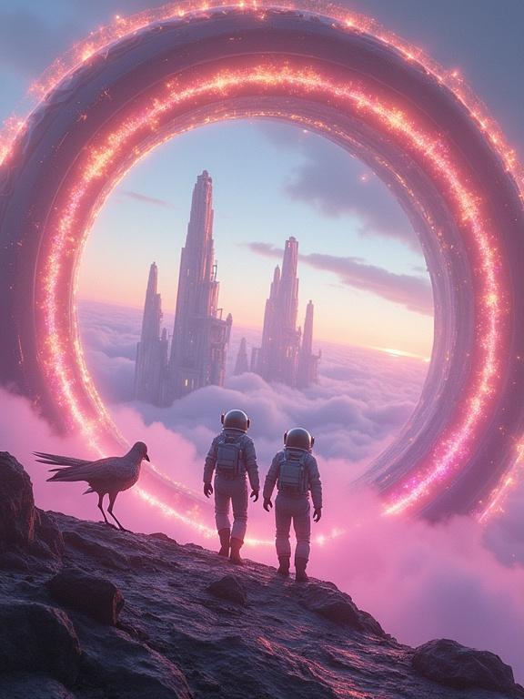 Two astronauts stand before a teleportation archway of pink and gold energy. A futuristic city with crystalline towers looms beyond in a sea of violet clouds. Mechanical birds with plasma feathers accompany the astronauts.