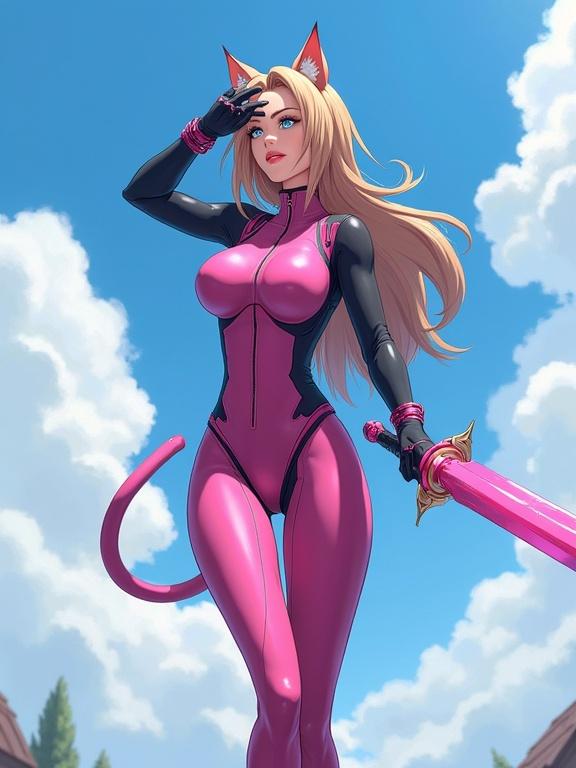 Mature woman with light brown hair and cat ears looking into a blue sky. She wears a dark pink body suit with pink combat heels. She has a pink sword similar to Monado. Black sleeves on the body suit. Full body illustration in a sci-fi art style.