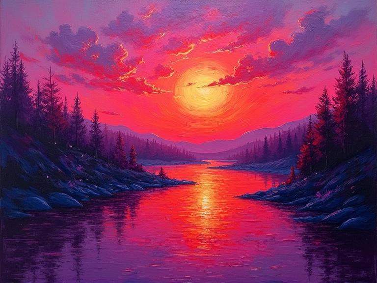 Vibrant river with a fiery sunset. Red and purple sky reflected in the water. Thick, heavy brushstrokes create a textured effect. Inspired by expressive impasto artists. A vivid landscape scene.