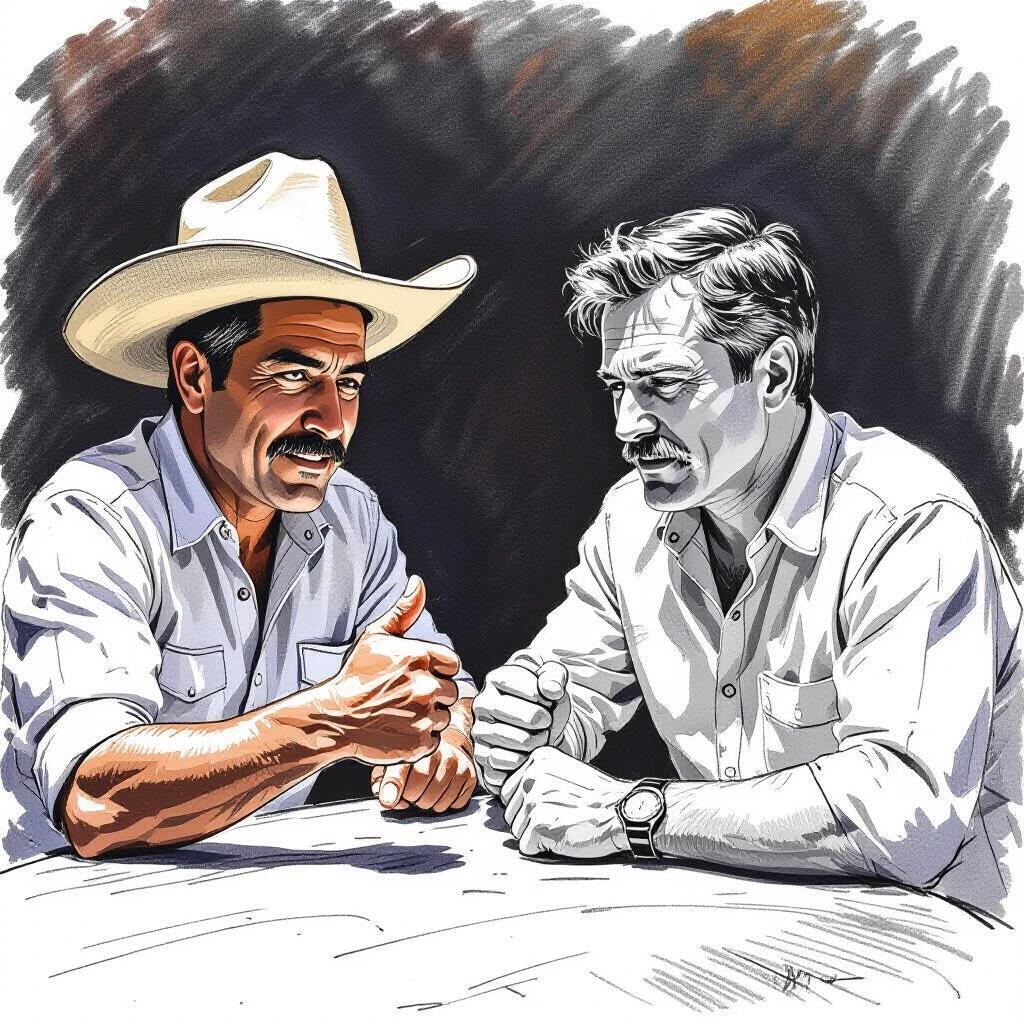 Two men engaged in a thumb war. One man is Mexican. The other man is Caucasian. Both are in their mid 40s. They are depicted in an ink sketch style.