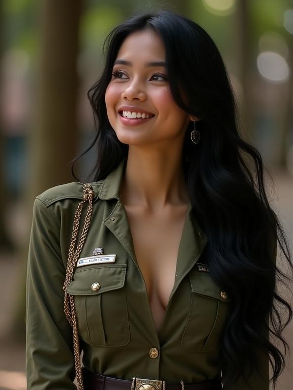 Portrait of a smiling Indonesian woman. She has fair skin and long black wavy hair. She wears an Indonesian military outfit that reveals cleavage. She looks towards the top left, exuding confidence and grace in a natural setting.