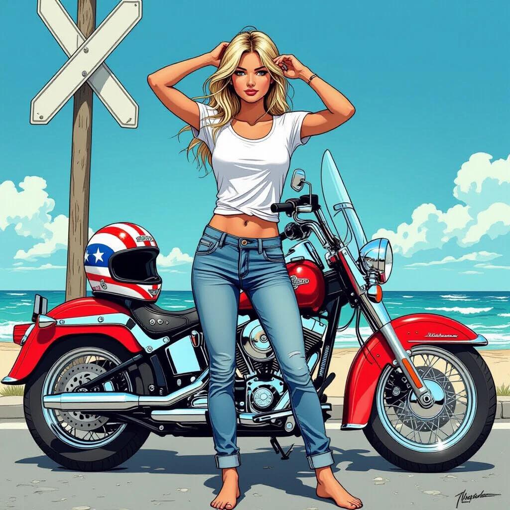 Blonde girl stands by motorcycle at the beach. Wet white t-shirt and short jeans. Left hand on helmet. Right hand in hair. Motorcycle parked beside crossroad. Comic-book style illustration.