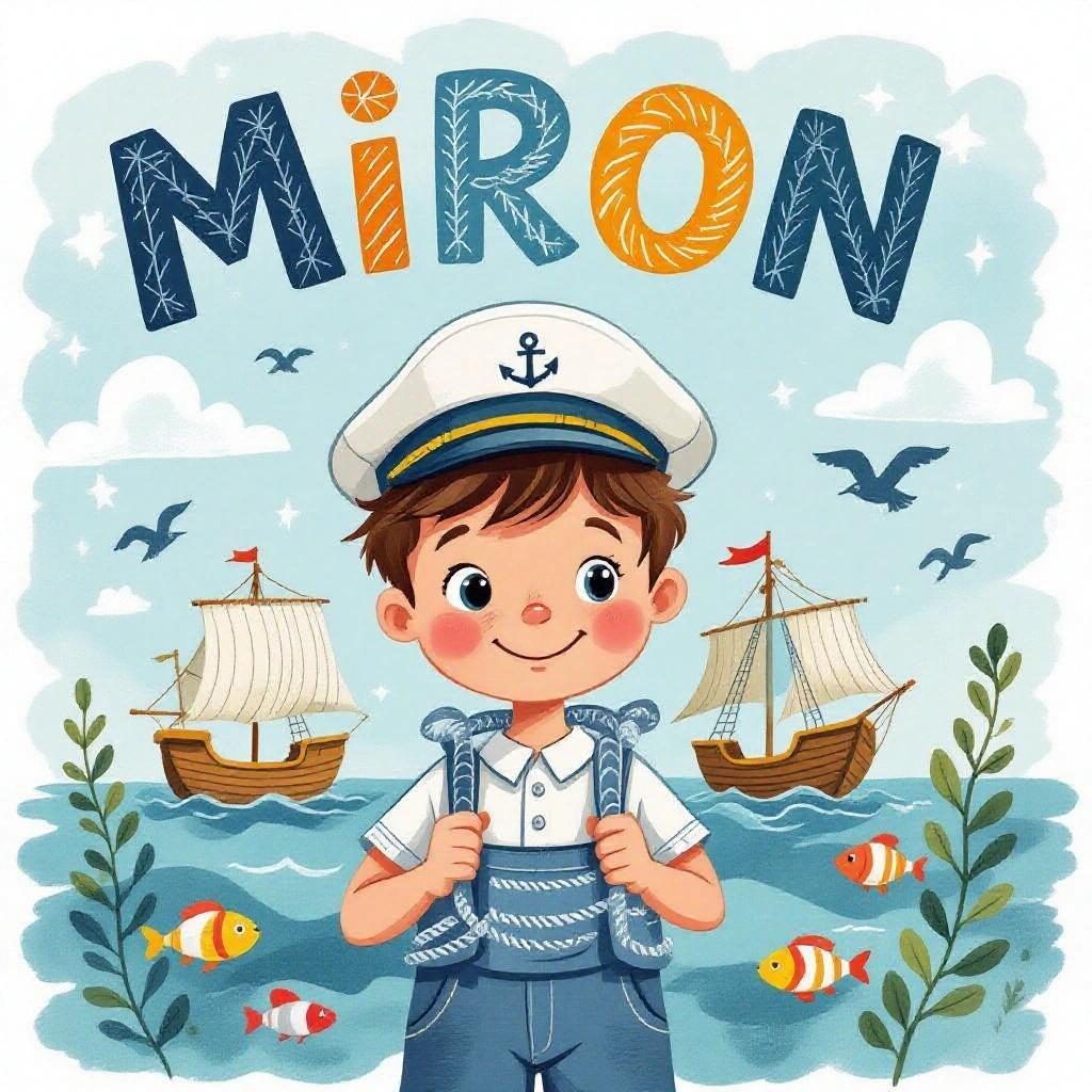 Illustration of a boy named Miron with a sailor hat. The name 'MIRON' is styled like waves or rope. Background includes anchors, sailboats, seagulls, and fish. Colors used are blue, white, and sandy tones. The style is watercolor with soft lines, similar to children's books about the sea.