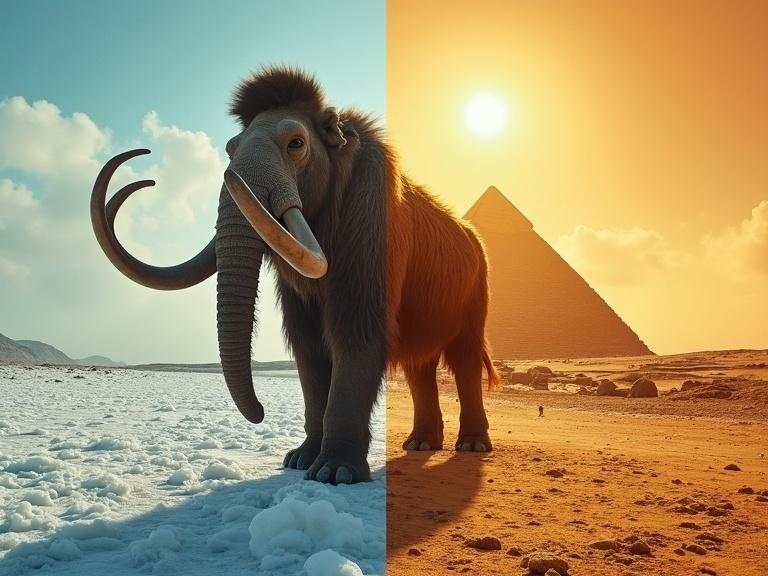 Split screen image featuring woolly mammoth in icy terrain on the left and Great Pyramid of Giza under sunny sky on the right. Extreme contrast between cold and heat. Cinematic style with 35mm film effect and high detail.