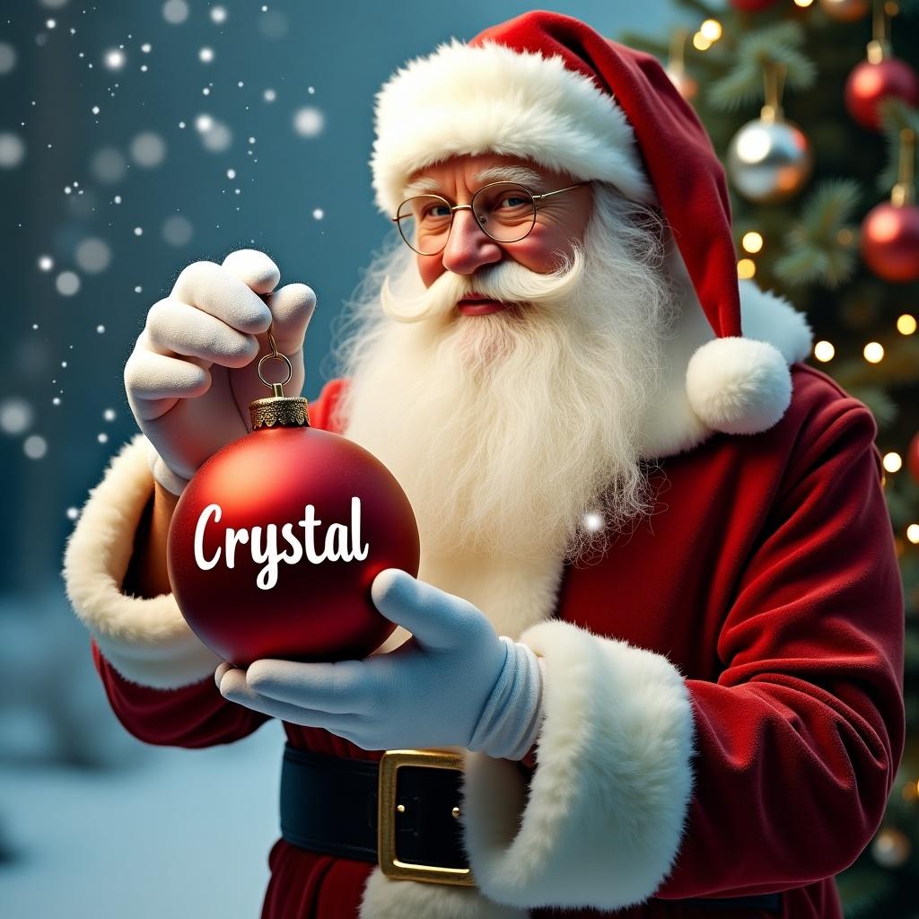 Image of Santa Claus during Christmas holding an ornament with a name. Emphasizes holiday spirit and decorations.