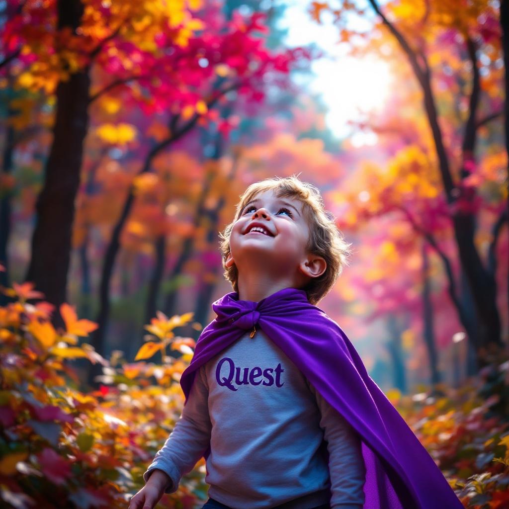 A joyful four-year-old child wanders in a vibrant enchanting forest. Colorful foliage surrounds them. The child has a purple cape and a shirt that says Quest. Their eyes look upward at the trees. The leaves shimmer in various colors. The scene is filled with sunlight and natural beauty.