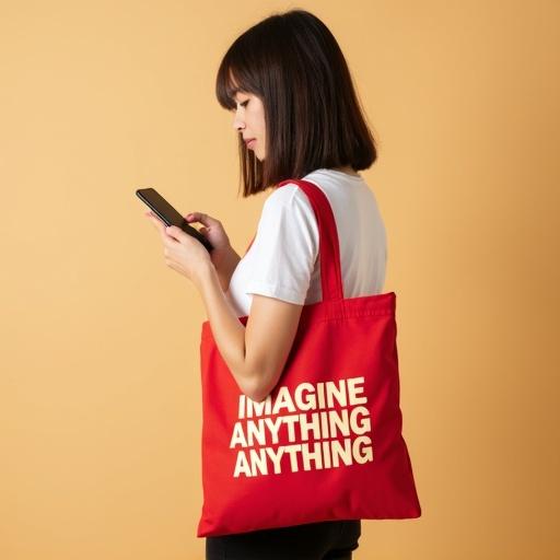 A young woman standing sideways against a solid warm beige background. She wears a white t-shirt and black pants. She is holding a smartphone while looking at it. She has straight, shoulder-length dark brown hair. A bright red tote bag hangs over her shoulder. The bag has bold, repeating text in cream-colored capital letters that says 'IMAGINE ANYTHING'.