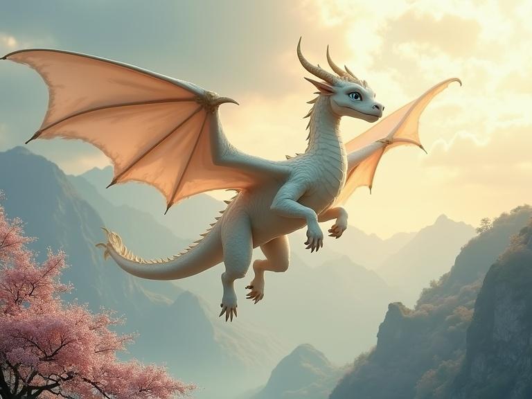 A mid-aged dragon flying high in the sky with large feather-edged wings and milk-white scales. The dragon has gentle blue eyes and small curved ivory horns. Below is a foggy valley with mountains and cherry blossom trees bathed in golden sunlight.