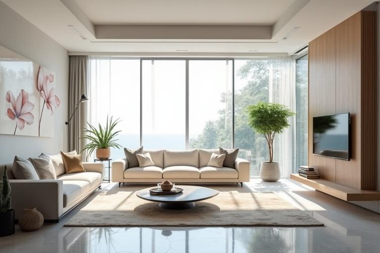 Futuristic room with stable furniture on the ceiling. Realistic design includes bright natural light and modern decor. Large windows showcase outdoor views. Cozy and elegant furnishings dominate space.