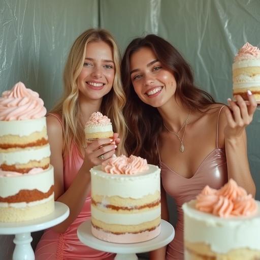 Hyperreal aesthetic picture with gorgeous cakes on tables. Two smiling girls in glossy dresses, barefoot with white toe polish. One girl has blonde hair and freckles, the other is a brunette with green eyes. Both are holding delicious cakes. The setting has plastic tarpaulins covering walls.