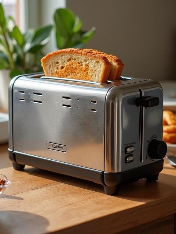 A shiny silver toaster with a slice of bread toasting inside. The toaster sits on a wooden kitchen table surrounded by greenery. Natural light illuminates the scene.