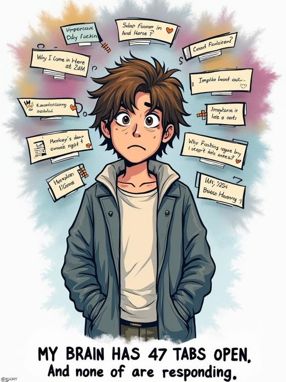 A hand-drawn adult figure in streetwear stands with floating browser tabs and fragmented thoughts. Text is visible on tabs. The figure looks alert and overstimulated with one eye twitching. Color scheme includes muted neutrals with blue and mustard accents. Typography is a clean sans serif font with a distressed look.