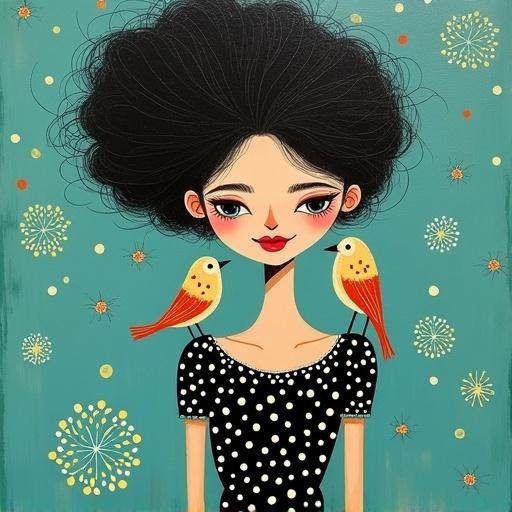Painting features a woman with voluminous hair and birds perched on her shoulders. She is dressed in a black and white polka dot dress. The background is a vibrant teal adorned with cheerful patterns. Artwork exhibits folk art influences and includes bold colors combined with a simple and cute aesthetic. Utilizes textured gouache brushwork in its design.