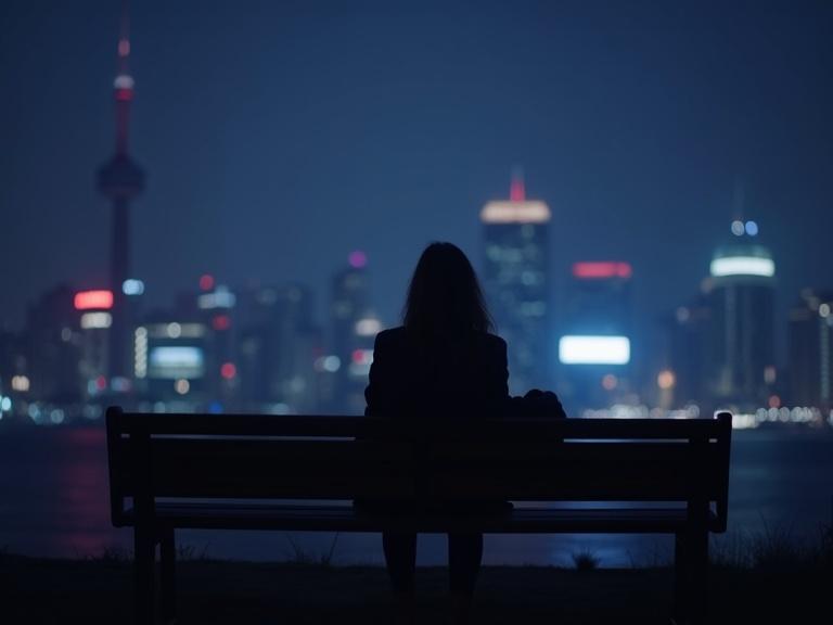 Silhouette of a woman sitting alone on a bench at night in a big city with faint shadow of a man behind her. Moody cinematic lighting with a soft blur background. Dark blue and purple color grading. Emotional tone with minimalist style and wide composition.