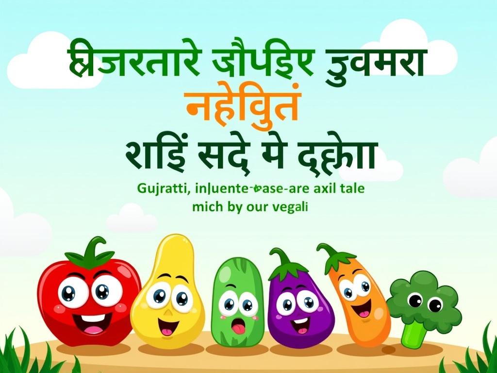 The image displays a colorful and cheerful educational poster promoting a school event focused on vegetables. Various animated vegetables are illustrated, each with happy faces and lively expressions, including a tomato, an eggplant, a cucumber, and broccoli. The background has a light blue sky with fluffy clouds, enhancing the cheerful theme. The text is written in Gujarati, indicating the name of the event and the hosting school. The poster is vibrant and appealing, aimed at engaging children in learning about vegetables in a fun way.