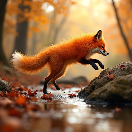 Fox leaping over a stream surrounded by autumn leaves. Warm golden hour lighting enhances the orange fur of the fox. Scenic forest backdrop with falling leaves.
