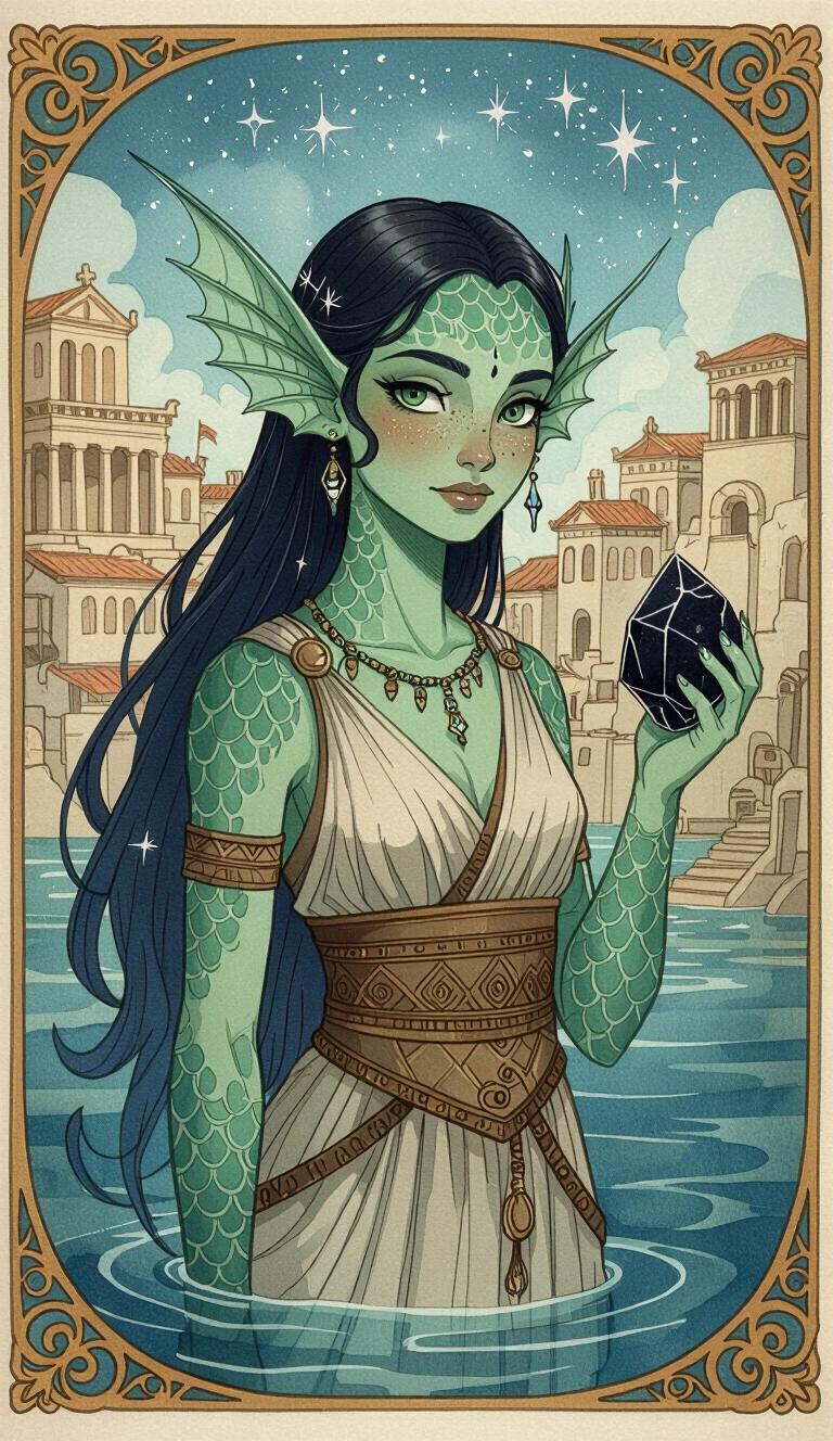 Dark watercolor illustration features a Triton female with small finned-fish-ears and green-blue scaled skin. Background depicts an Ancient Greek fantasy port city. Character wears ancient-Greek-style clothing and holds a magic black stone. Long slicked-back hair. Youthful appearance with scaled cheeks, neck and forehead. Stars connected to her.