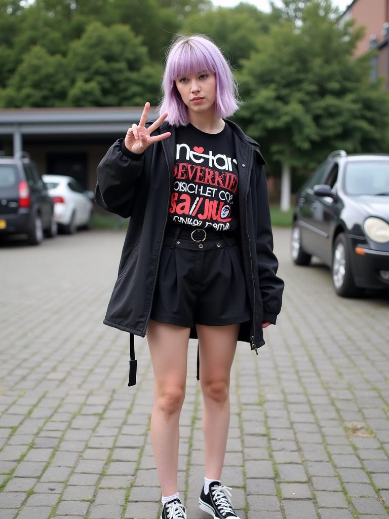 A person standing on a paved parking lot. The individual has pastel purple hair and a playful expression. Fashionable outfit with a black shirt featuring bold prints. Casual black hooded jacket worn over it. The lower garment is a black, pleated skirt. Classic black Converse sneakers are worn with white knee-high socks. Background includes parked cars and an urban setting.