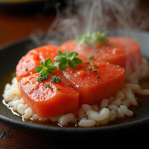 Render a photorealistic close-up image of vibrant orange Japanese food slices on a dark plate. Include green herbs and steaming elements around filled with soft textures. Create a dynamic composition with dramatic lighting to enhance the visual appeal of the dish. Aim for a high-quality culinary aesthetic.