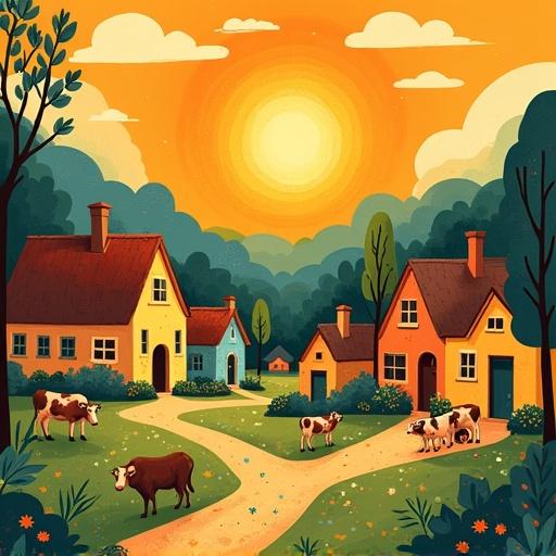 Village scene with a big sun and small cows. Digital painting in naive folk art style. Inspired by Henri Rousseau. Bright colors and playful details.