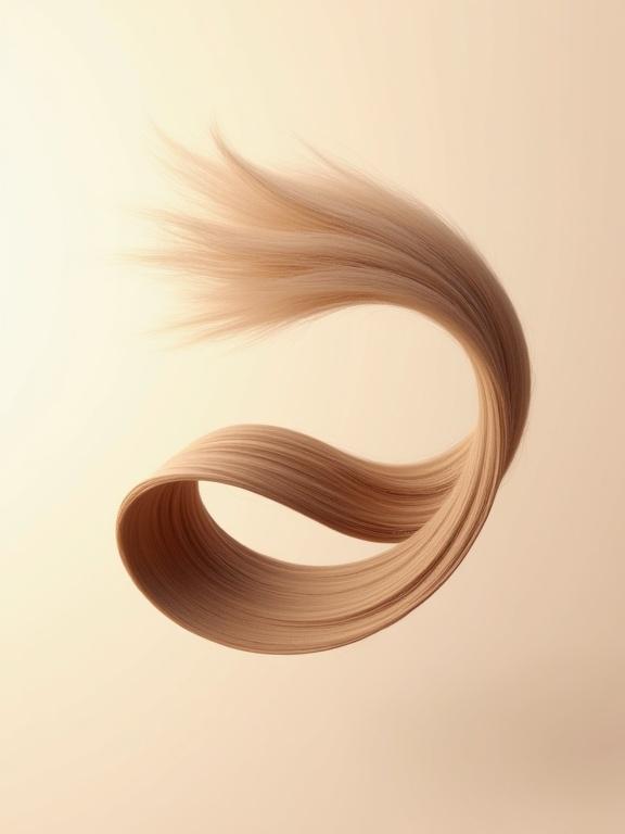 A smooth glossy strand of light brown hair flows like an elegant ribbon. The hair wraps and twists in the air with no visible beginning or end. It appears voluminous silky and healthy with soft light brown tones. The background is minimal enhancing the hair's color. High realism clean and aesthetic look.